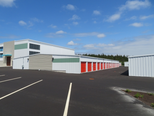 Modular Mini Storage buildings in Oak Harbor, with Nucor warehouse in background